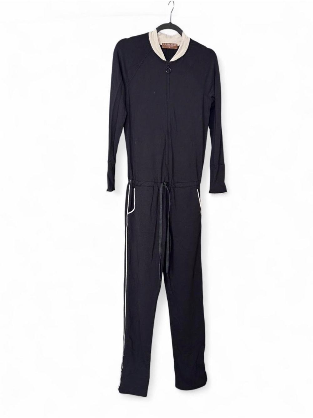 LA Relaxed Black Long Sleeve Zip Front Jumpsuit Size Small Contrast Piping